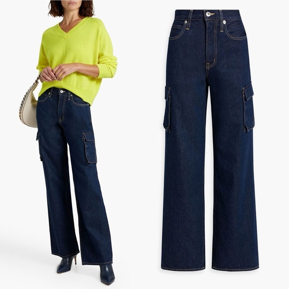 NWT SLVRLAKE Grace High Rise Wide Leg Cargo Jeans in Dark Denim - Picture 1 of 7